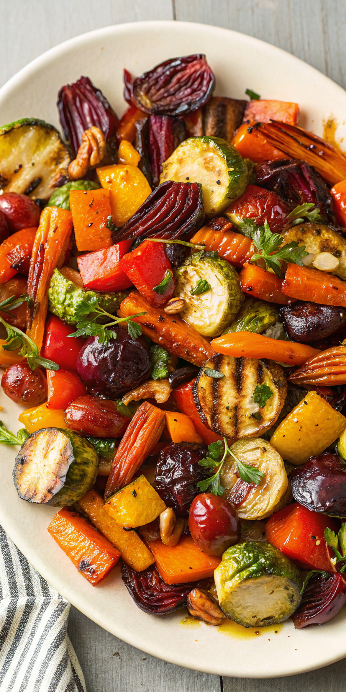 Beautiful finished roasted vegetable salad with colorful vegetables, kale, goat cheese, and nuts in a large serving bowl