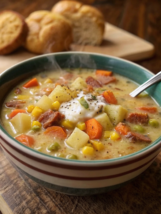 Beautifully plated Snow Days Potato Soup in white ceramic bowl with bacon garnish and fresh herbs