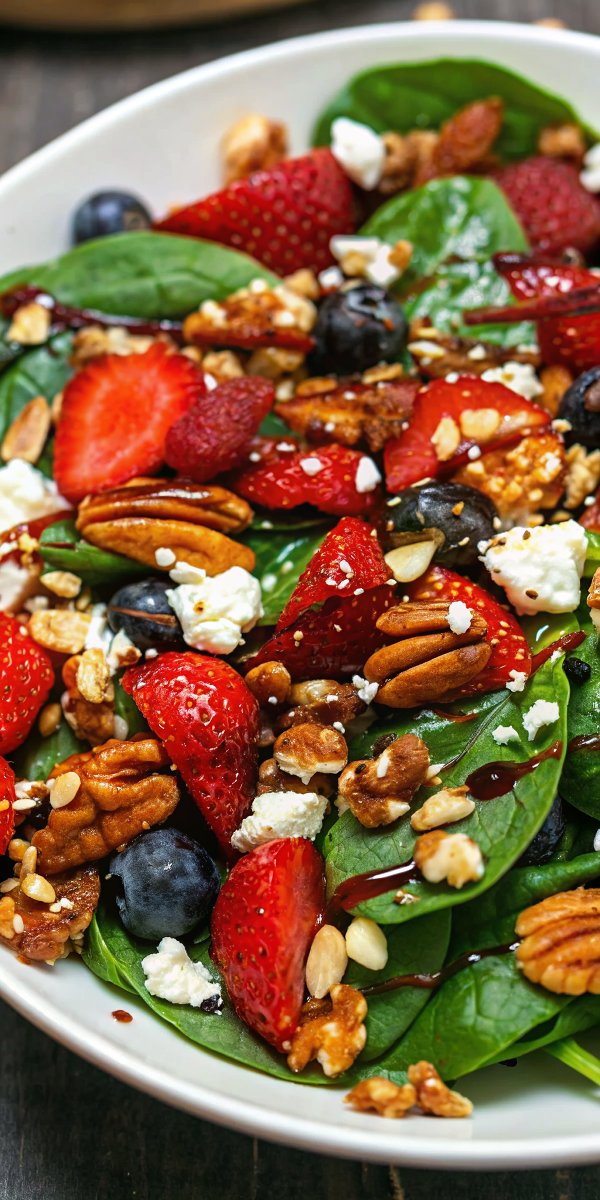 Beautiful finished strawberry spinach salad in a white serving bowl, garnished with fresh strawberry slices and toasted almonds, showing the perfect balance of colors and textures