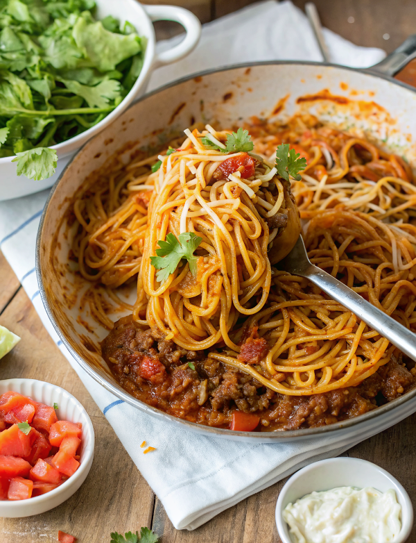A steaming bowl of taco spaghetti topped with melted cheese, diced tomatoes, and fresh cilantro, ready to serve