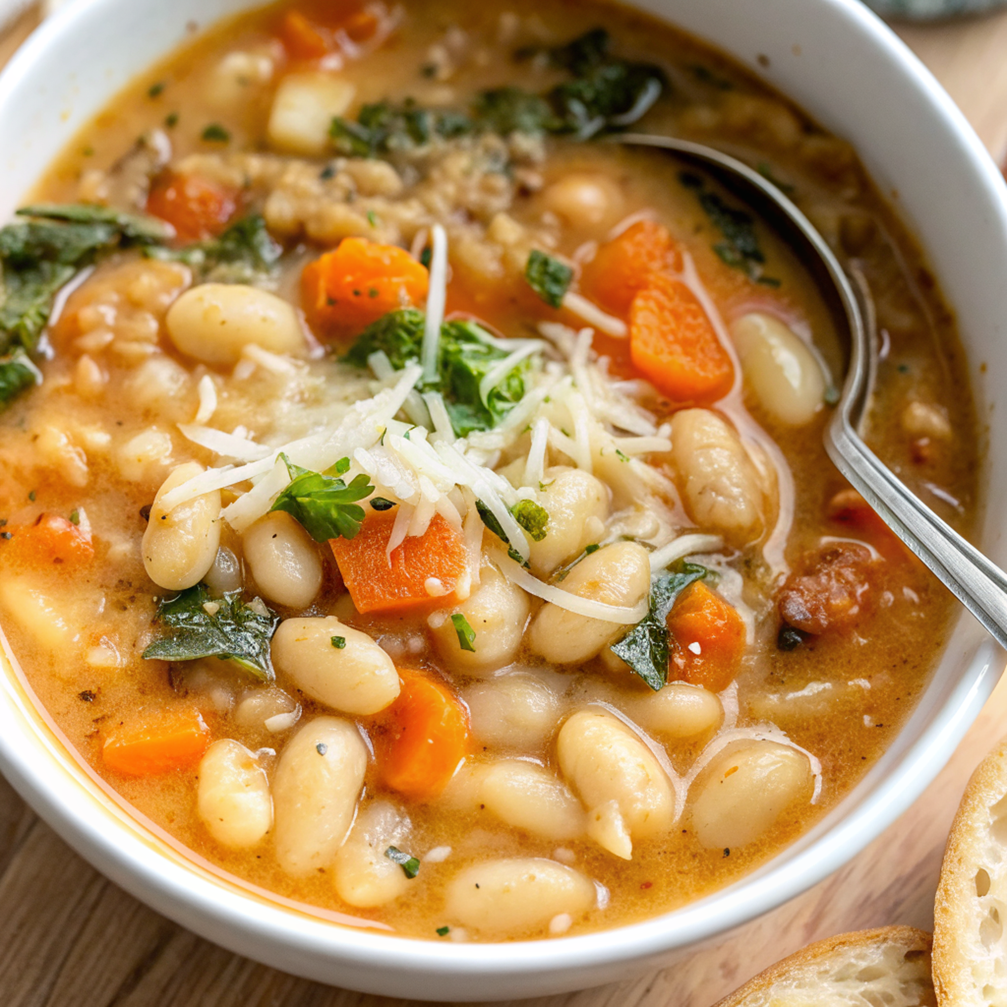 Bowl of creamy white bean soup garnished with fresh herbs and served with crusty bread
