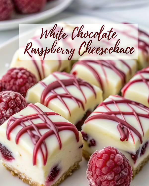 Perfectly sliced white chocolate raspberry cheesecake bars with beautiful raspberry swirls displayed on a white serving plate