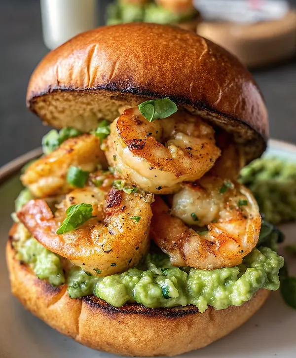 Beautiful plated shrimp burgers with avocado tartar sauce showing perfect color contrast and professional presentation