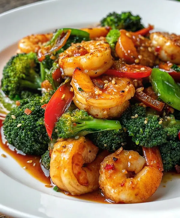 Finished honey garlic butter shrimp and broccoli dish plated on white ceramic plate showing glossy golden shrimp, vibrant green broccoli, and amber sauce with professional restaurant-style presentation