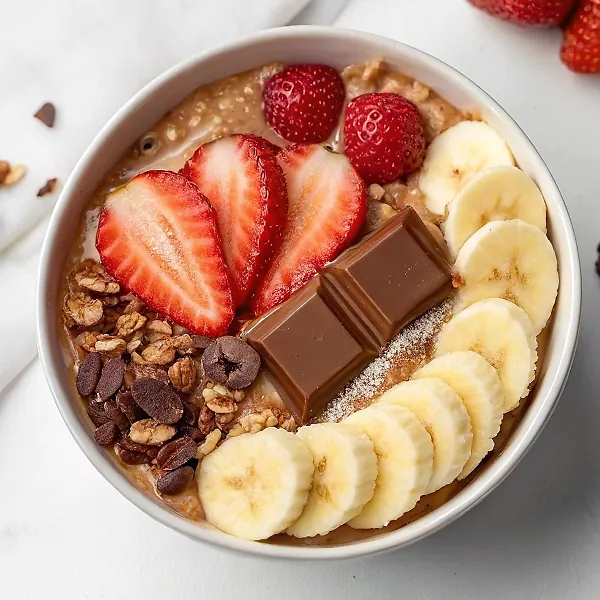 Beautiful slice of golden strawberry banana baked oatmeal with chocolate chips on white plate garnished with fresh strawberries and mint