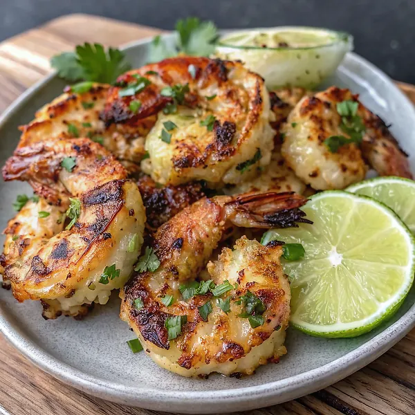 Beautifully plated spicy coconut and lime grilled shrimp on white ceramic plates with fresh lime wedges and cilantro garnish