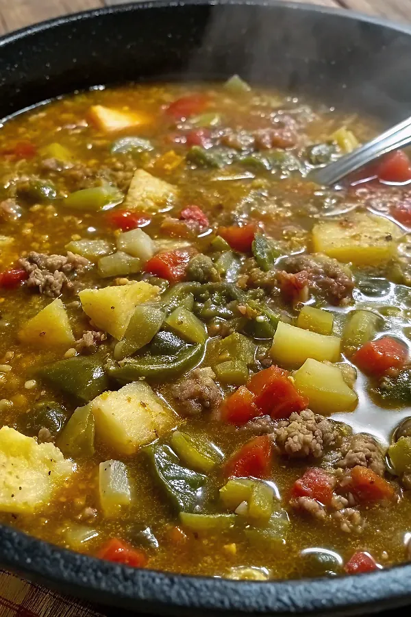 Finished New Mexico green chile stew served in rustic bowl with vibrant green chiles, red tomatoes, and tender beef in golden broth, garnished with fresh cilantro