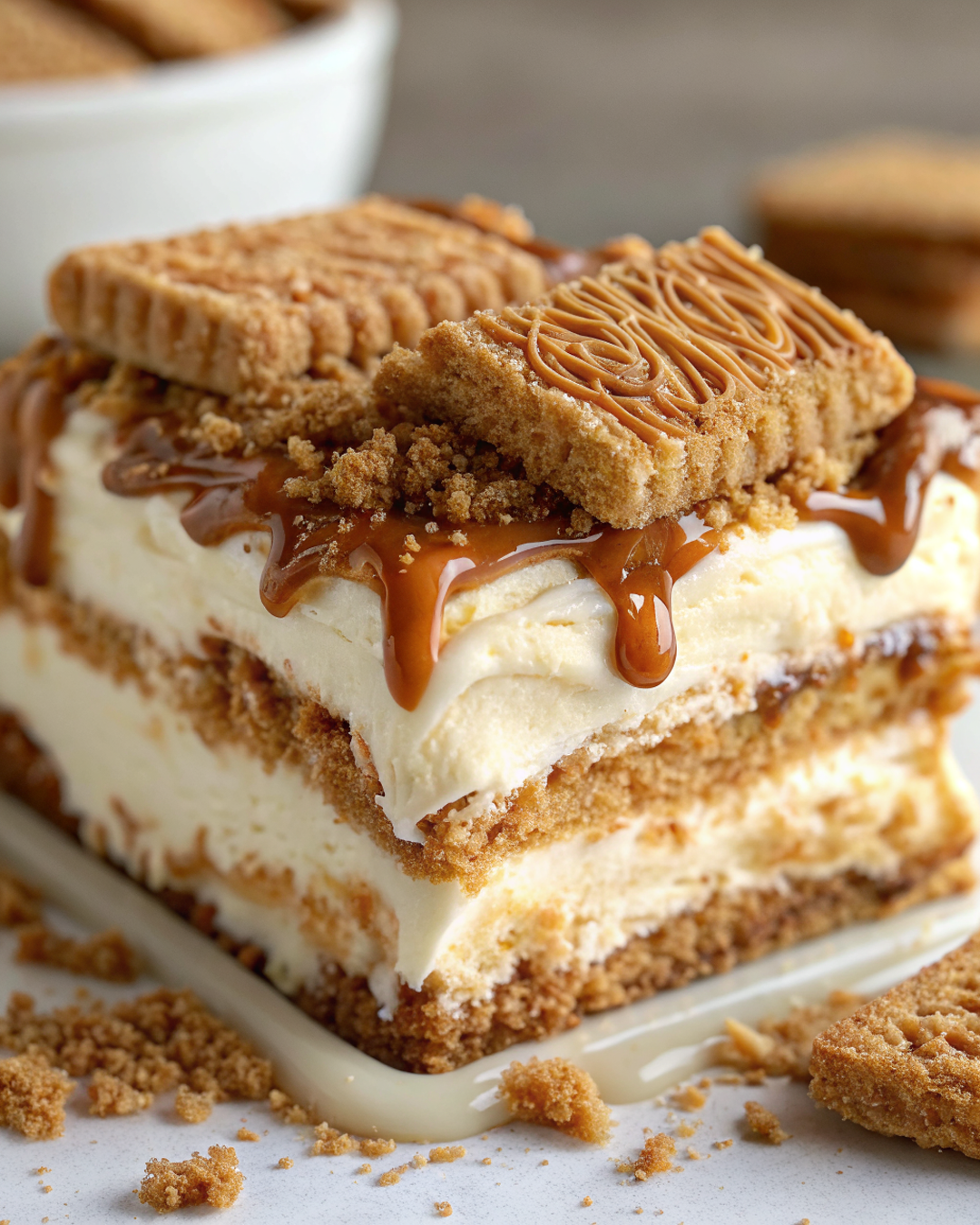Beautifully sliced 4-Ingredient Biscoff Icebox Cake showing distinct layers of cookies, cream, and ice cream on elegant serving plate