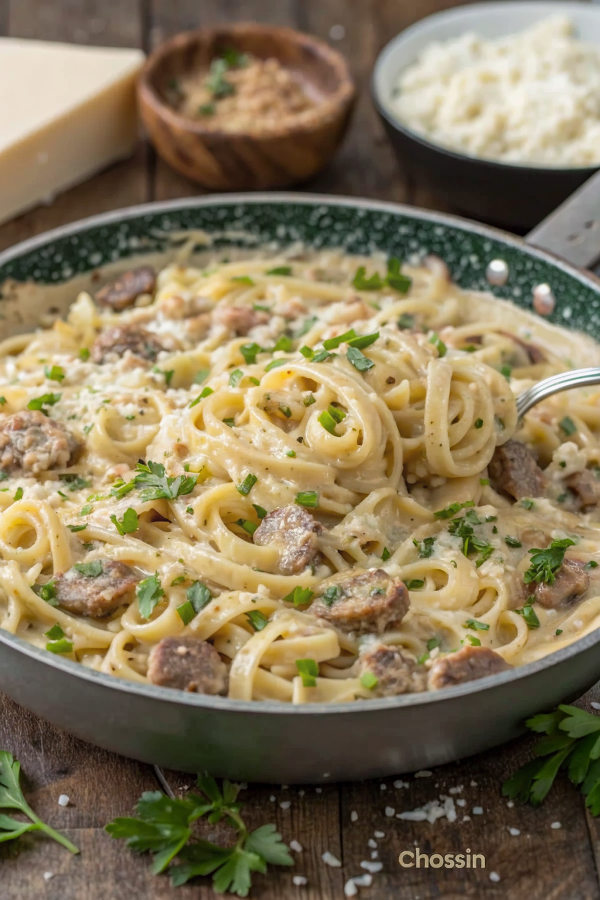 Finished 4-Ingredient Boursin Sausage Pasta served in a white bowl with fresh herbs garnish and golden brown sausage pieces visible throughout the creamy sauce