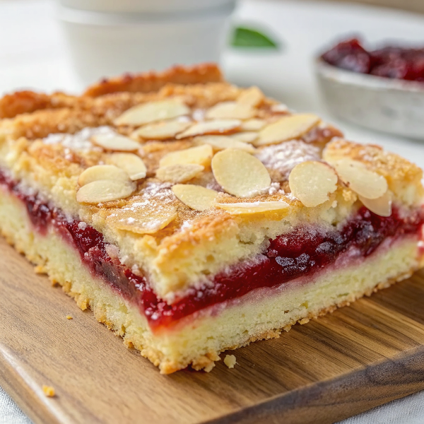 Perfect golden Bakewell slice cut into squares showing layers of pastry, jam and almond sponge topped with sliced almonds