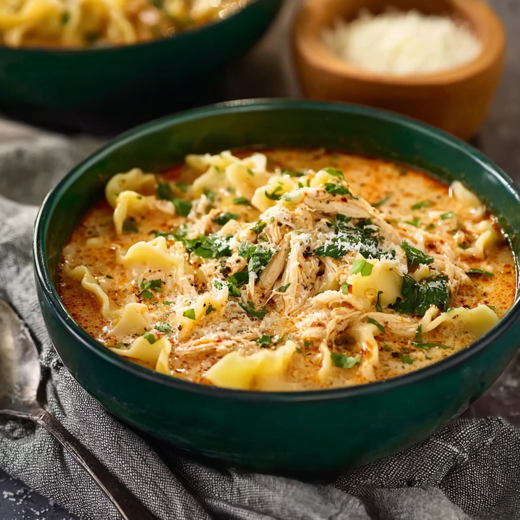 A steaming bowl of best chicken lasagna soup topped with melted cheeses and fresh herbs, served with crusty bread