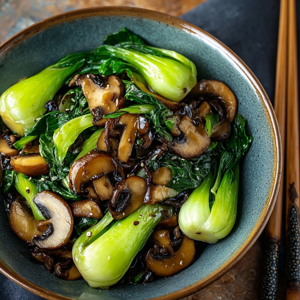 Finished bok choy and mushroom stir fry served in a white bowl with chopsticks, garnished with sesame seeds and steam rising
