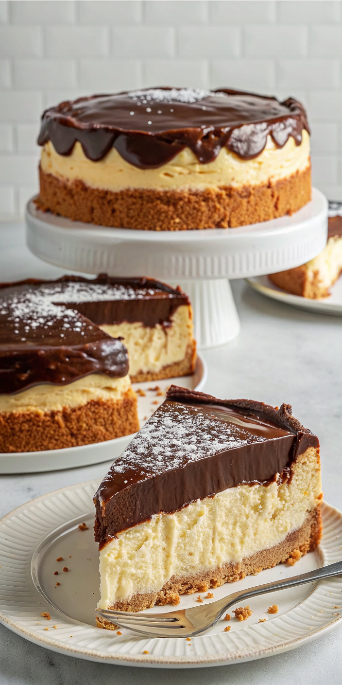 Finished Boston Cream Pie with glossy chocolate ganache and a perfect slice removed showing the pastry cream layers