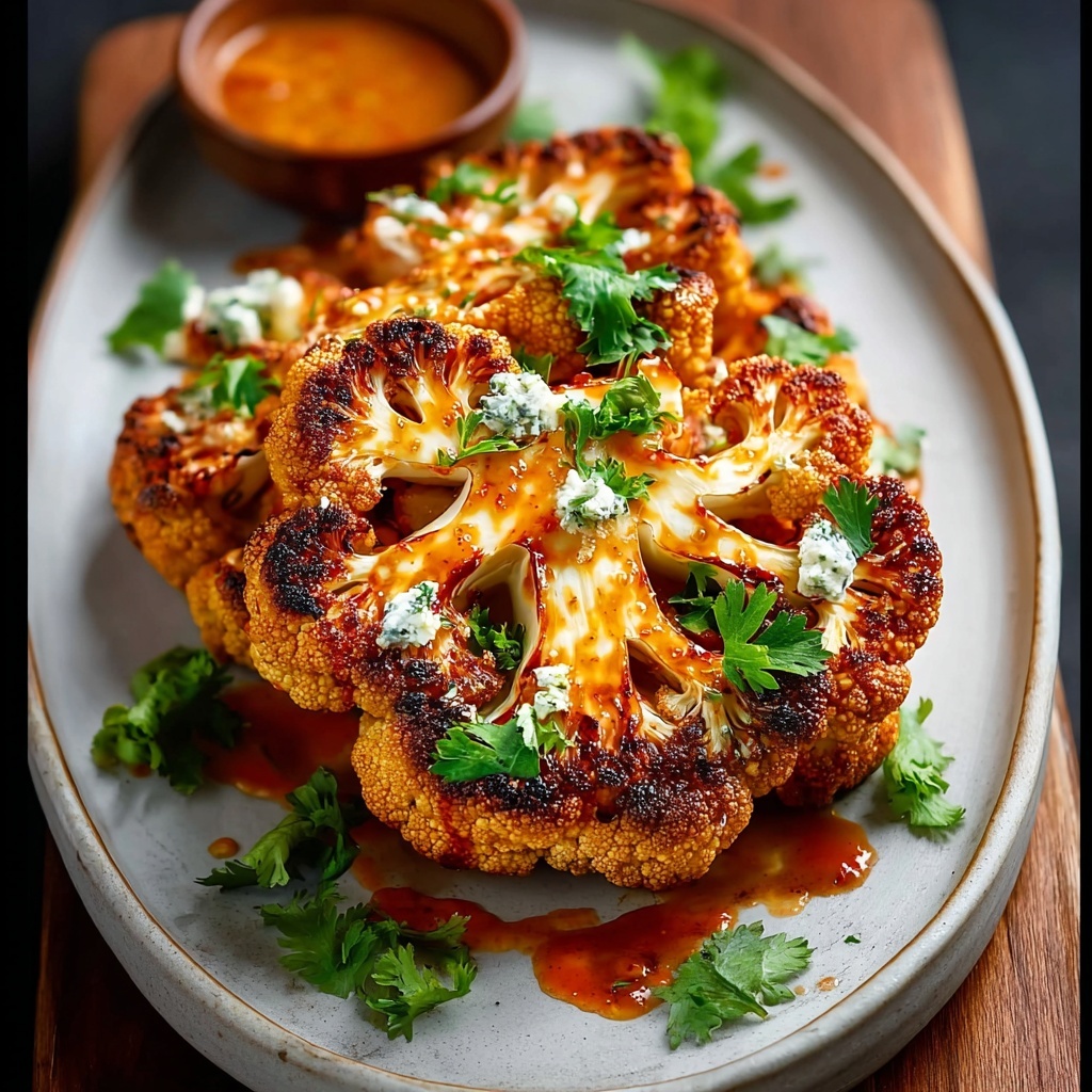 Perfectly golden buffalo cauliflower steak garnished with fresh herbs, served with celery sticks and ranch dressing on a rustic wooden plate