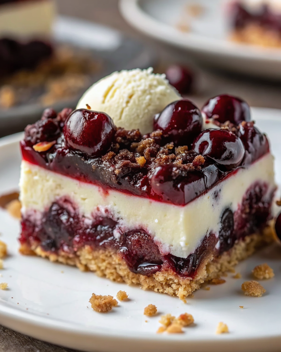 Golden brown cherry crumble in a square baking dish with bubbling cherry filling visible around the edges and a rustic crumb topping