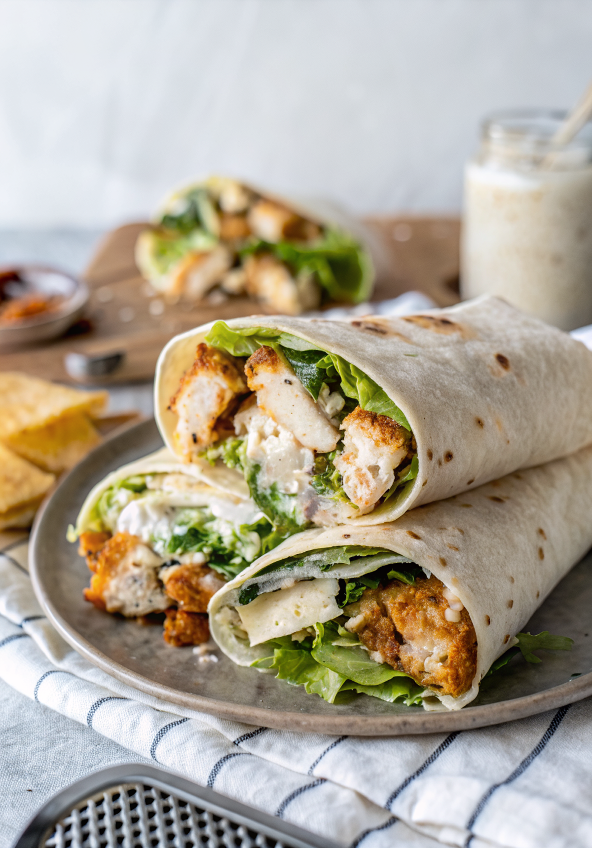 Beautifully plated Chicken Caesar Wrap cut in half showing the colorful filling of romaine lettuce, chicken, and Parmesan cheese wrapped in a golden flour tortilla