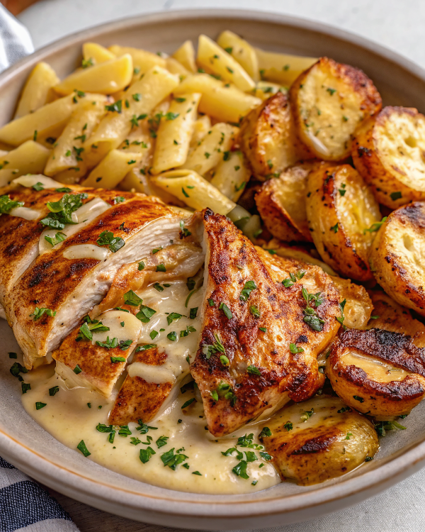Beautifully plated Chicken and Potatoes with Garlic Parmesan Cream Sauce garnished with fresh parsley