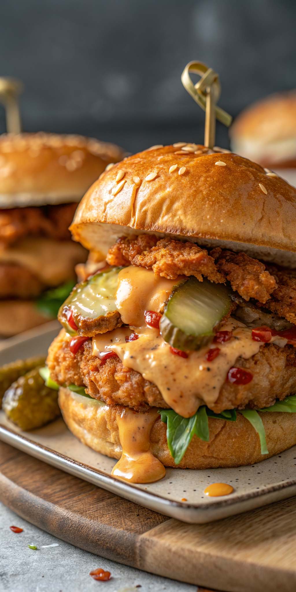 Perfectly grilled crack chicken burgers served on brioche buns with fresh lettuce and tomato, showcasing the melted cheese and crispy turkey bacon pieces