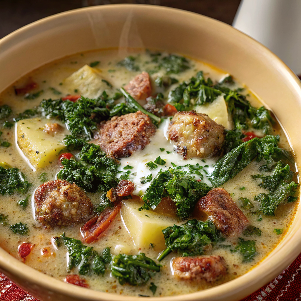 Beautiful bowl of finished Creamy Sausage & Kale Soup with artistic garnish and styling