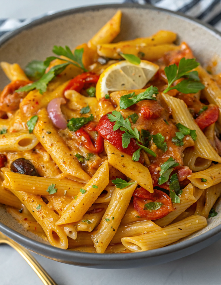Finished bowl of creamy vegan Cajun pasta topped with seasoned mushrooms, fresh herbs, and diced tomatoes, served in an elegant white bowl