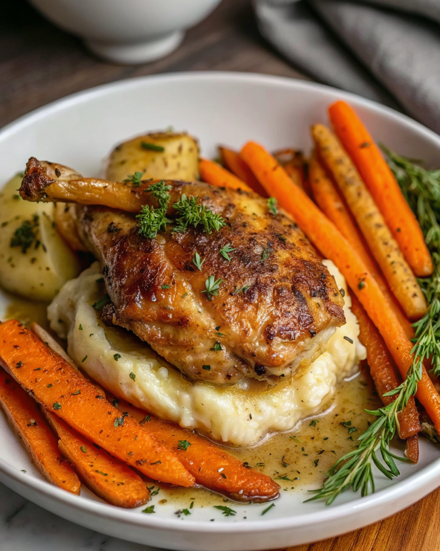 Beautifully plated Dinner Tonight Garlic-Roasted Chicken with Carrots and Parsnips Recipe on elegant dinnerware
