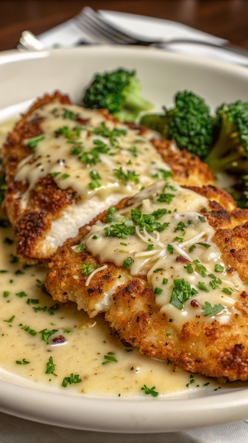Perfectly cooked Garlic Parmesan Chicken served on a white plate with creamy sauce and fresh herbs garnish