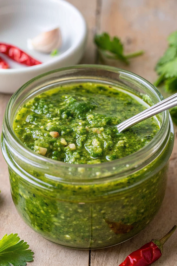 Beautiful finished homemade zhoug in a ceramic bowl with vibrant green color, chunky texture, and glossy olive oil finish