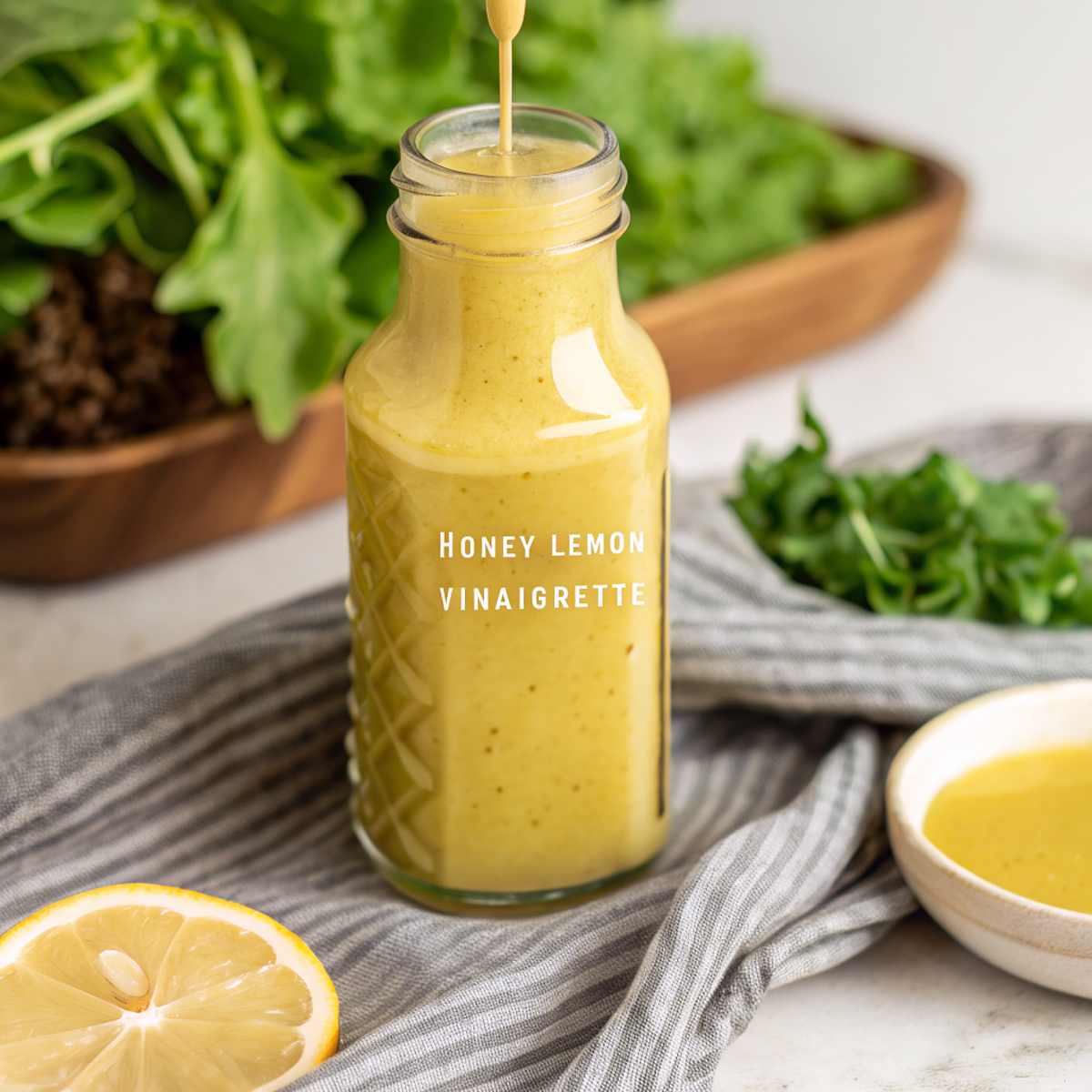 Finished honey lemon vinaigrette salad dressing drizzled over fresh mixed greens in elegant white bowl