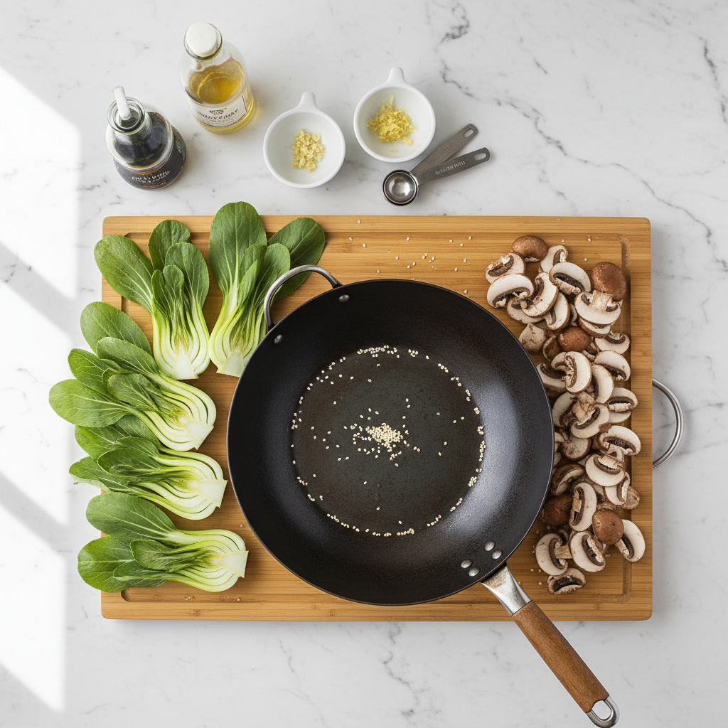 Fresh bok choy, sliced mushrooms, garlic, ginger, and sauce ingredients arranged on a wooden cutting board for stir fry preparation