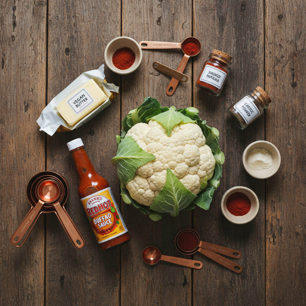 Fresh cauliflower head, spices, and buffalo sauce ingredients arranged on a wooden cutting board for buffalo cauliflower steak preparation