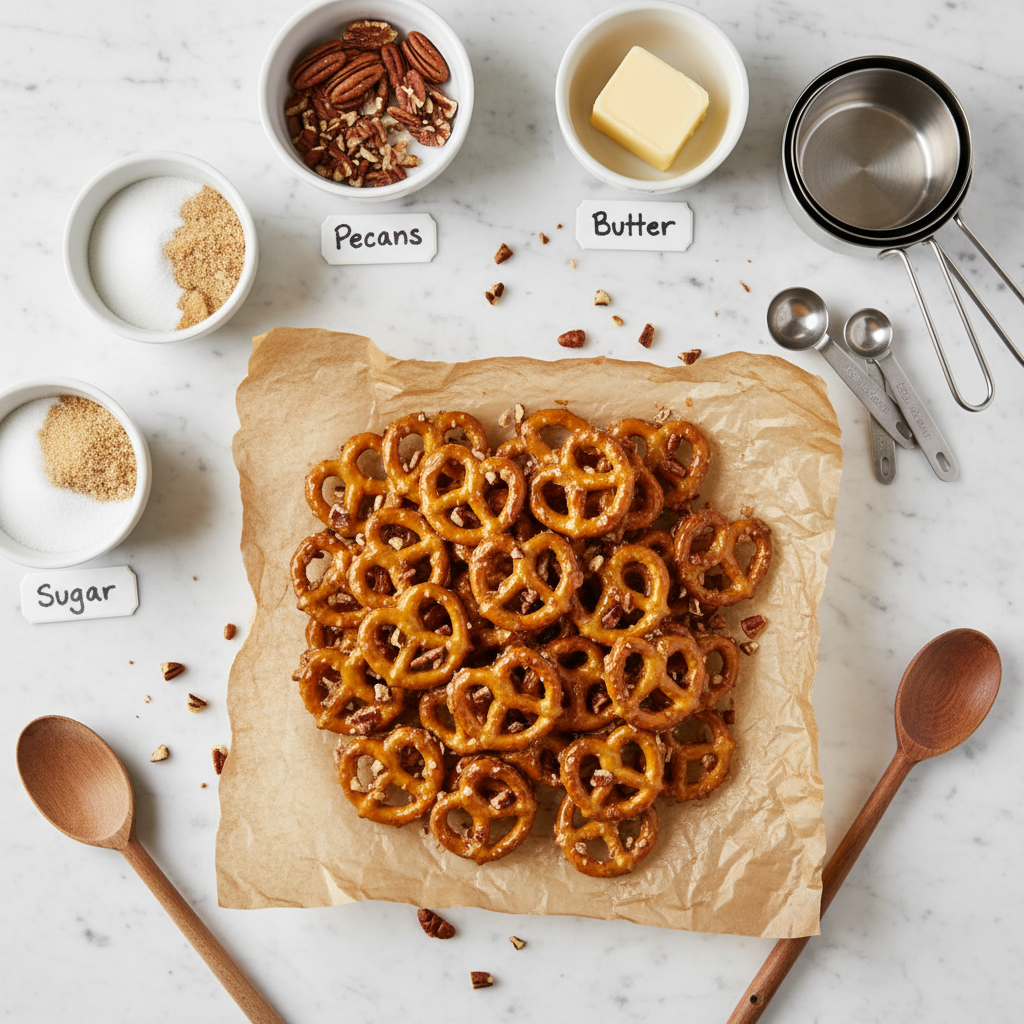 Fresh ingredients for butter toffee pretzels including mini pretzels, butter, brown sugar, honey, vanilla extract, salt, and chopped pecans arranged on a marble countertop