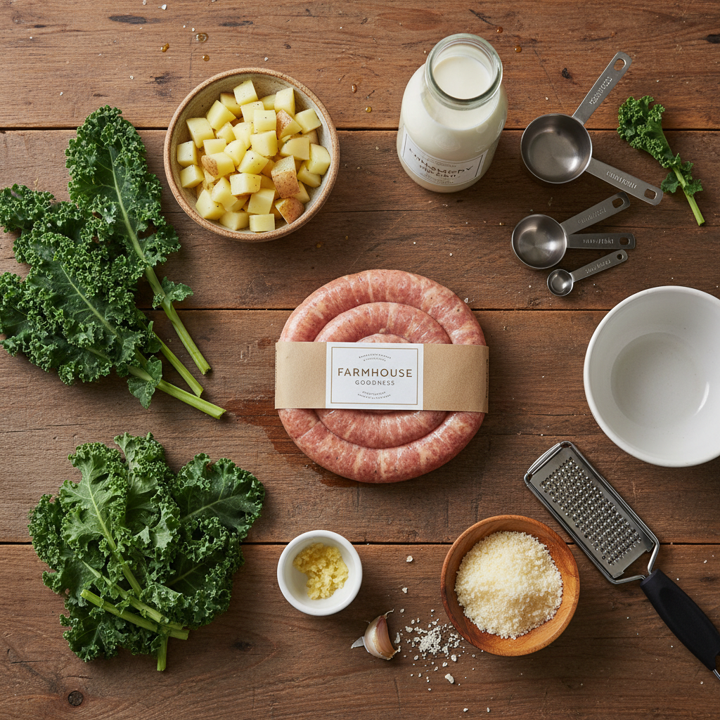 Fresh ingredients for Creamy Sausage & Kale Soup arranged artistically on marble surface