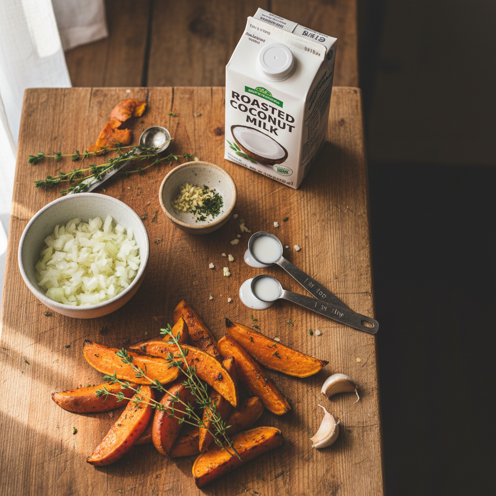Fresh ingredients for Roasted Italian Sweet Potato Soup arranged on marble surface including sweet potatoes, herbs, and aromatics