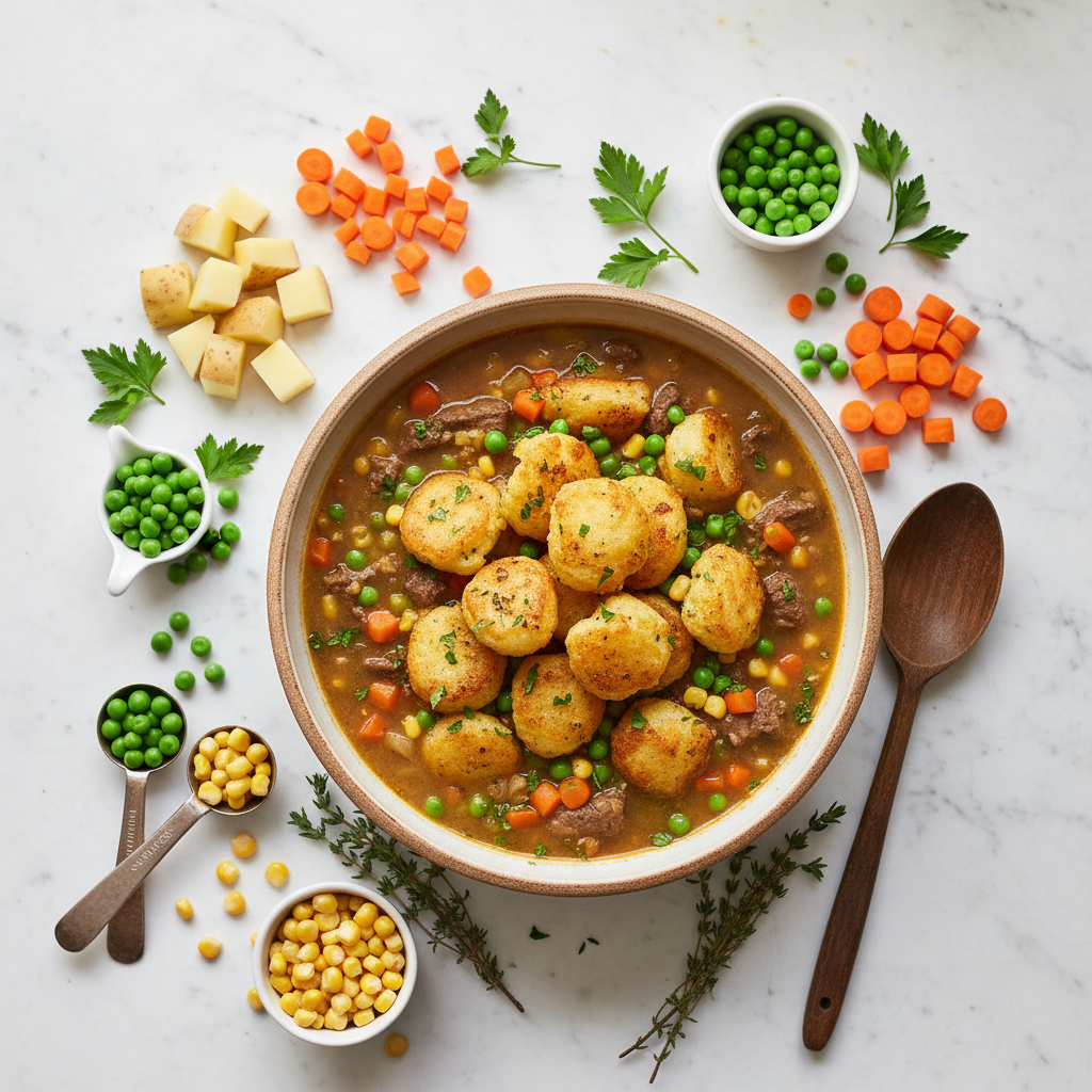 Fresh ingredients laid out for Shepherd's Pie Soup including ground beef, potatoes, vegetables, and seasonings