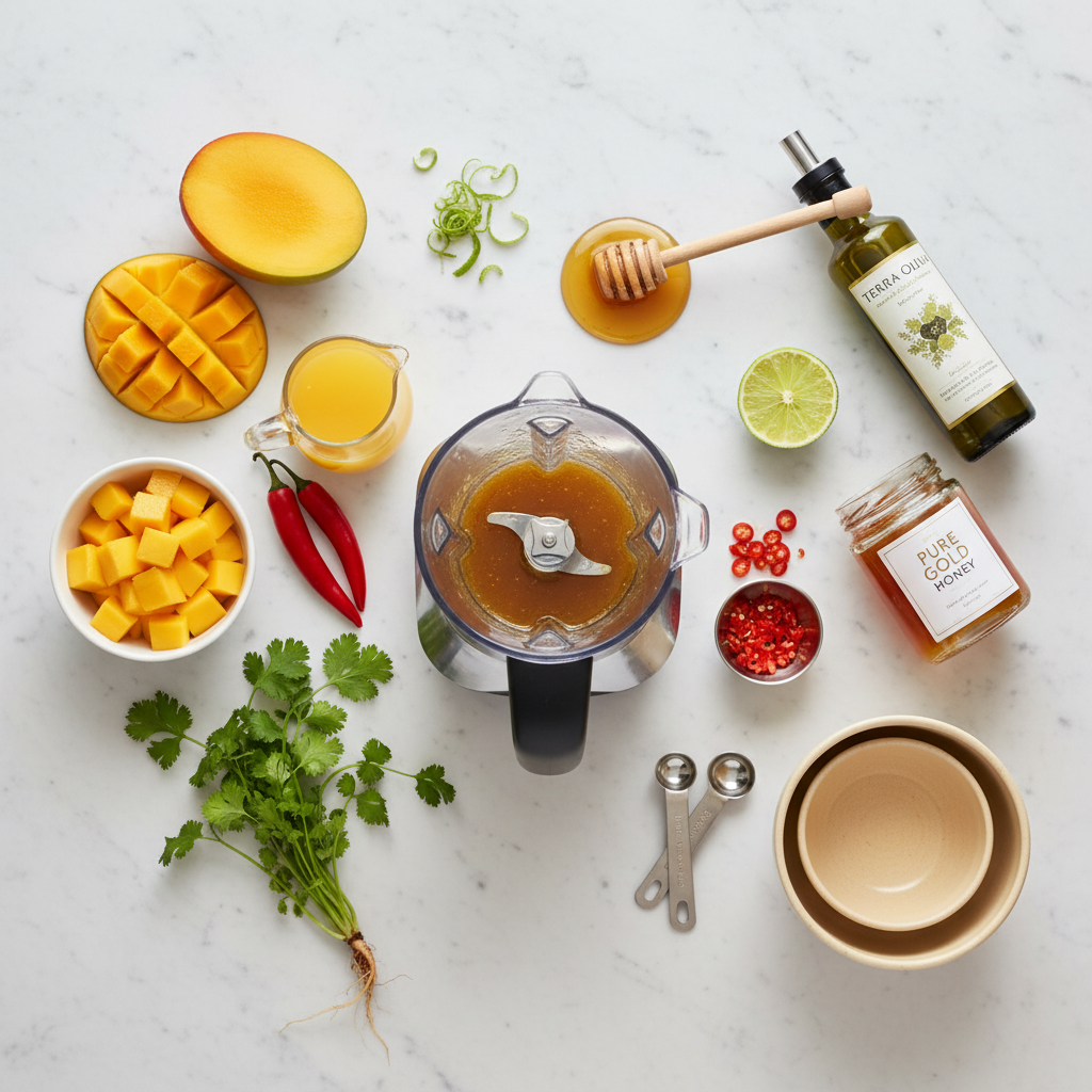 Fresh ingredients for sweet and spicy mango salad dressing including ripe mango, citrus fruits, honey, spices and herbs arranged on a wooden cutting board