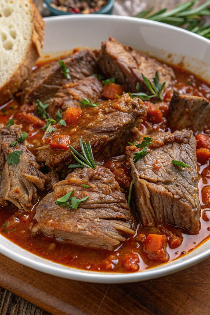 Sliced Italian Pot Roast Stracotto on a white plate with rich brown sauce, garnished with fresh basil and served with creamy polenta