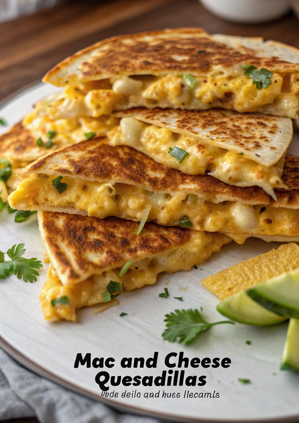 Perfectly plated mac and cheese quesadillas cut into quarters showing molten cheese interior on elegant white plate
