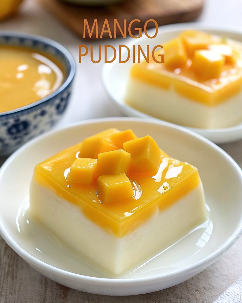 Beautiful finished mango pudding served in elegant glass cups, garnished with fresh mango slices and mint leaves, showcasing the perfect golden color and silky texture
