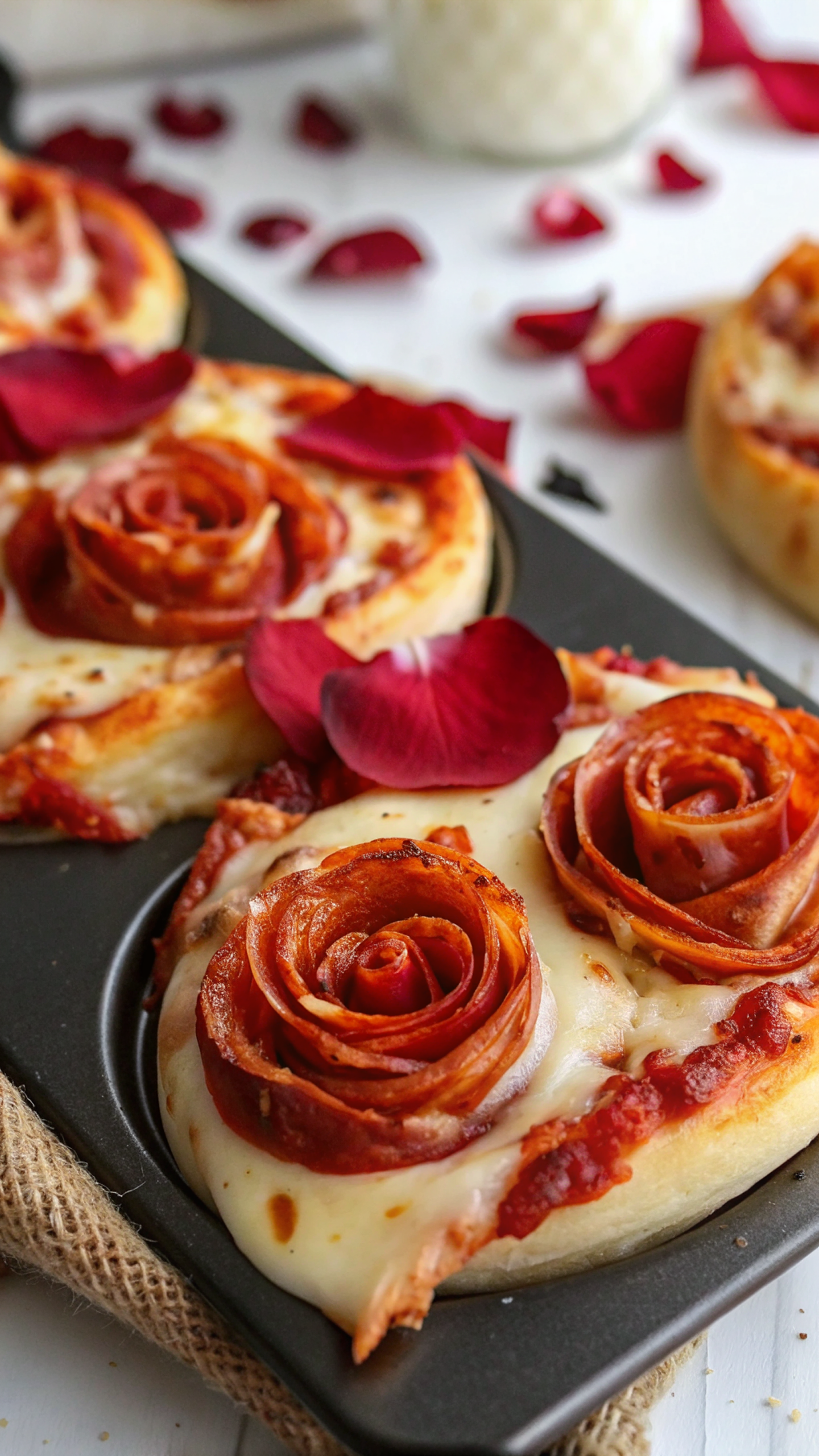Golden brown pizza roses arranged on white serving platter with fresh basil garnish and warm lighting