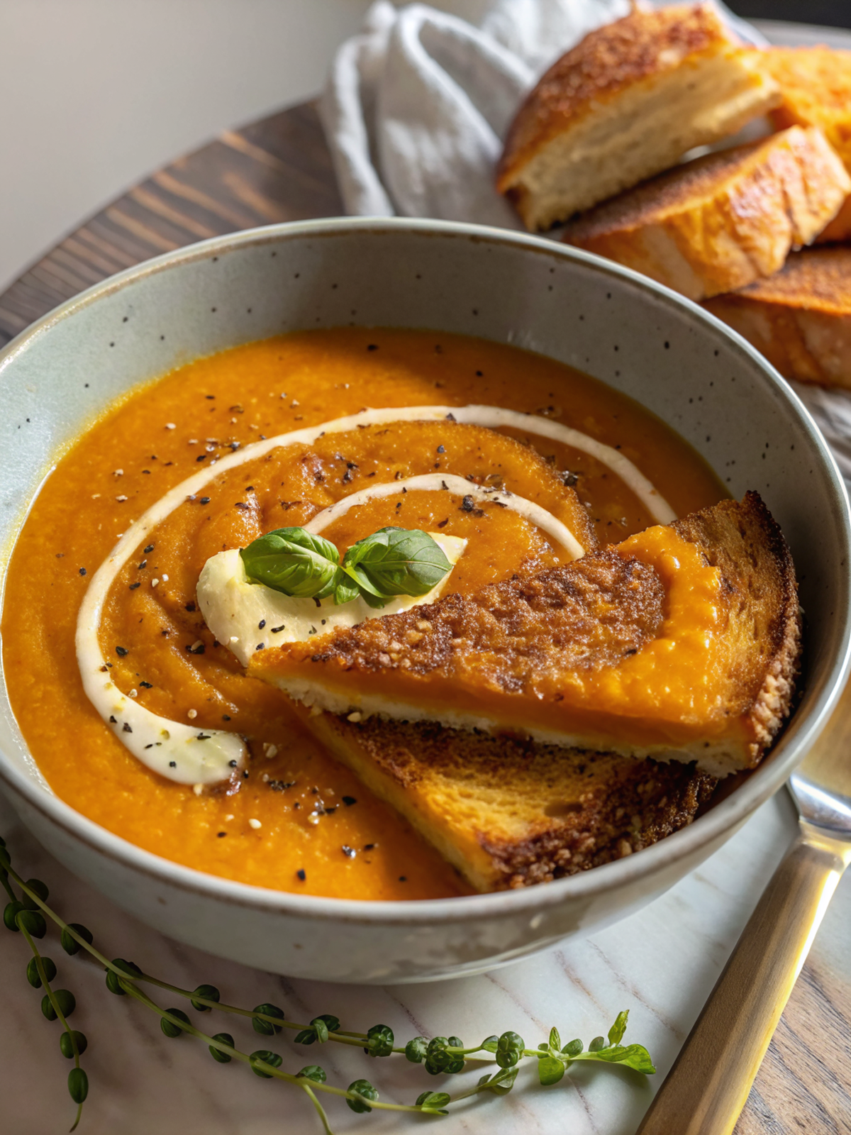 Creamy pumpkin soup served in white bowls with cream drizzle and fresh herbs garnish