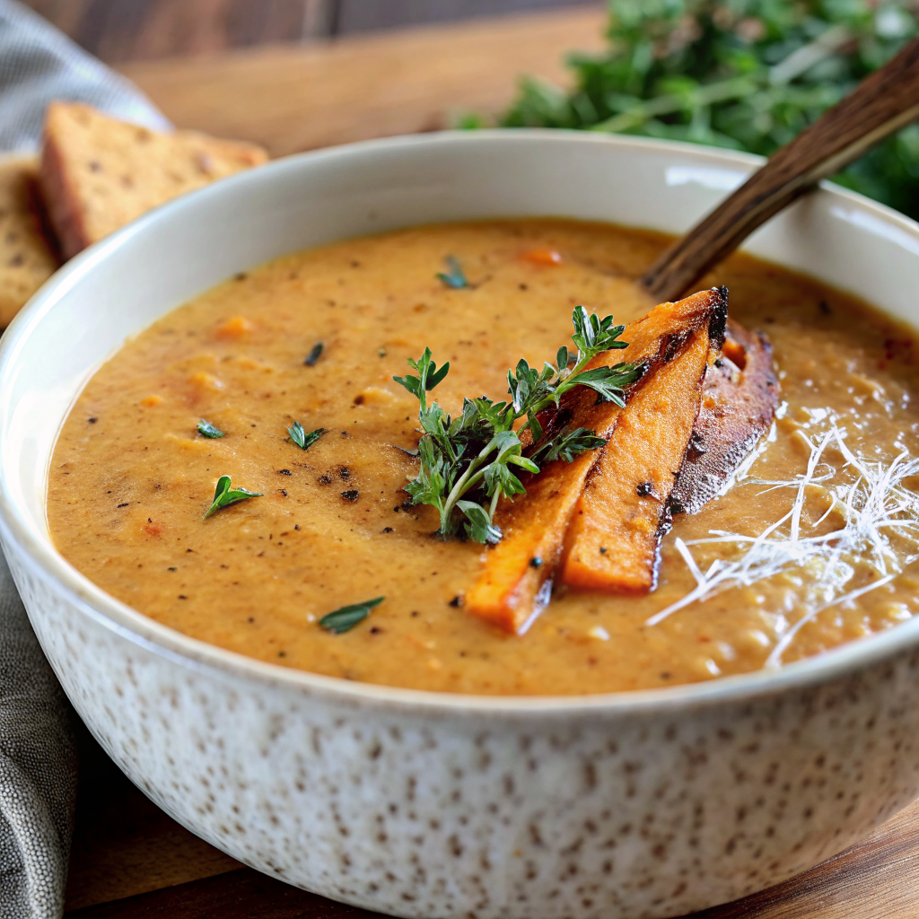 Beautifully plated Roasted Italian Sweet Potato Soup in elegant bowl with artistic garnish arrangement
