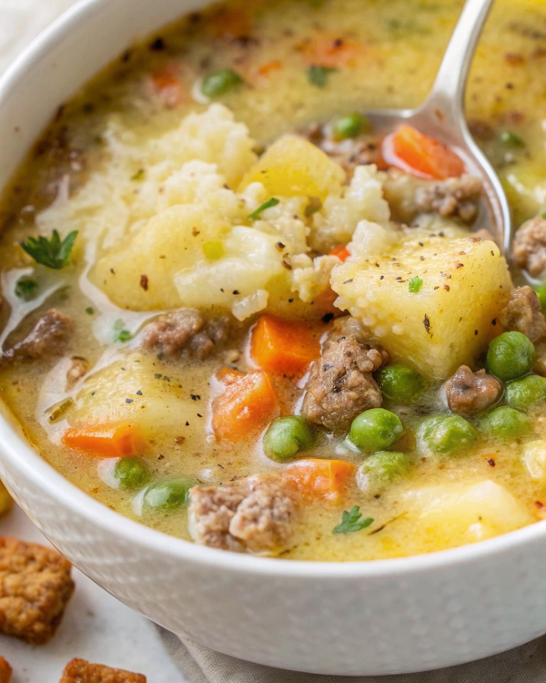 A beautiful bowl of Shepherd's Pie Soup topped with golden potato puffs, garnished with fresh parsley