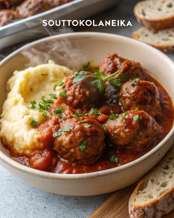Beautifully plated Soutzoukakia Smyrneika with golden meatballs in rich tomato sauce garnished with fresh herbs