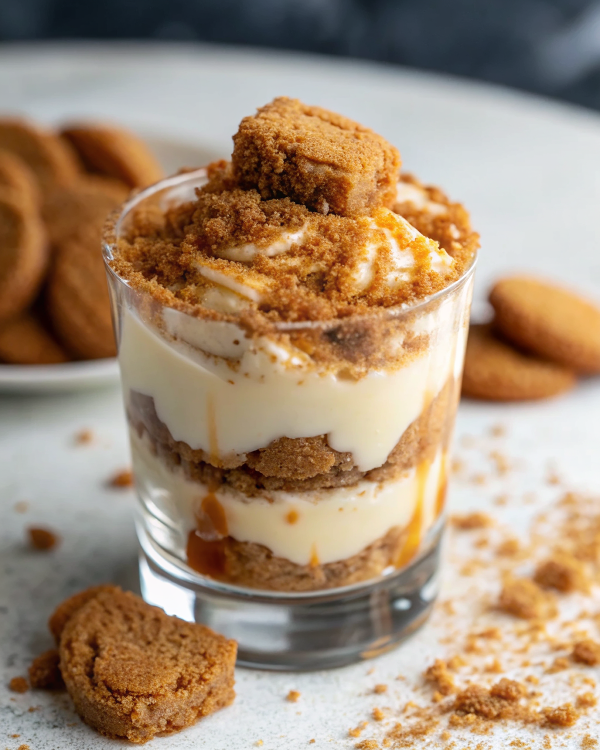 Finished speculoos toetje in een glaasje with perfect layers and artistic presentation