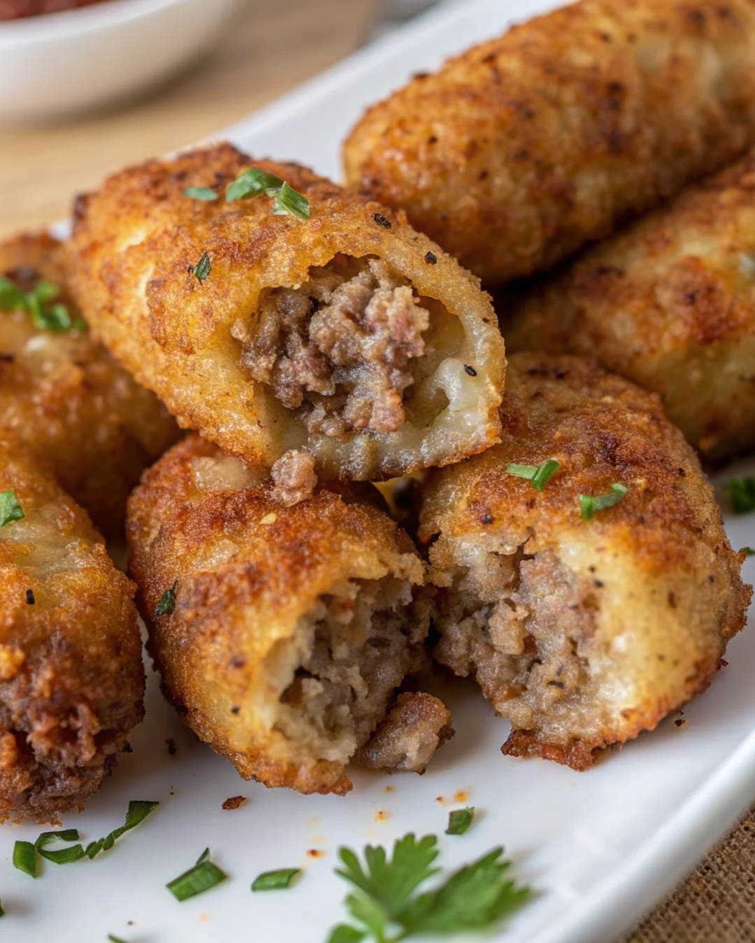 Perfectly golden spiced beef croquettes arranged on an elegant white plate with garnish and dipping sauce