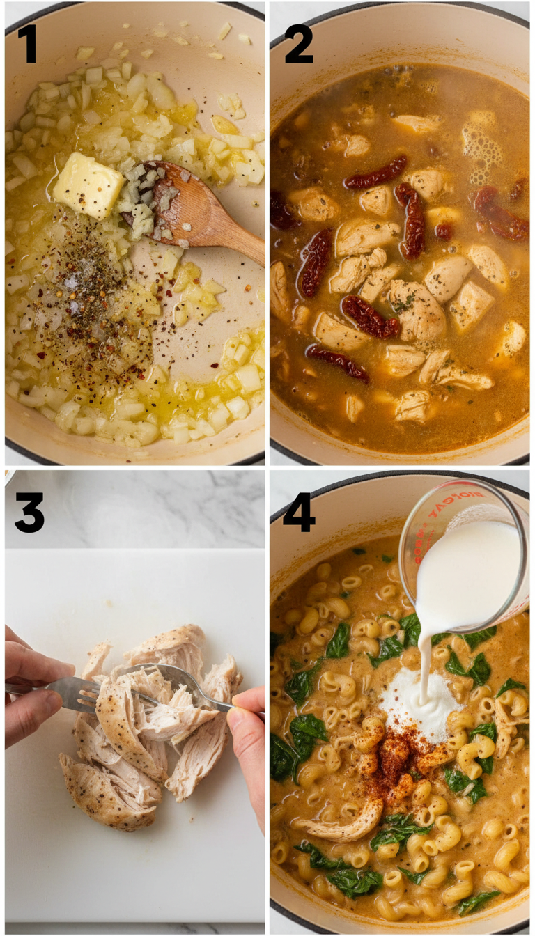 Step by step cooking process showing the best chicken lasagna soup being prepared from start to finish