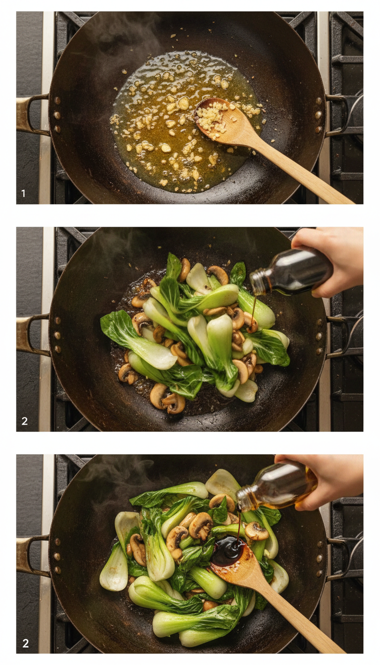 Step-by-step cooking process showing vegetables being stir-fried in a hot wok with steam rising