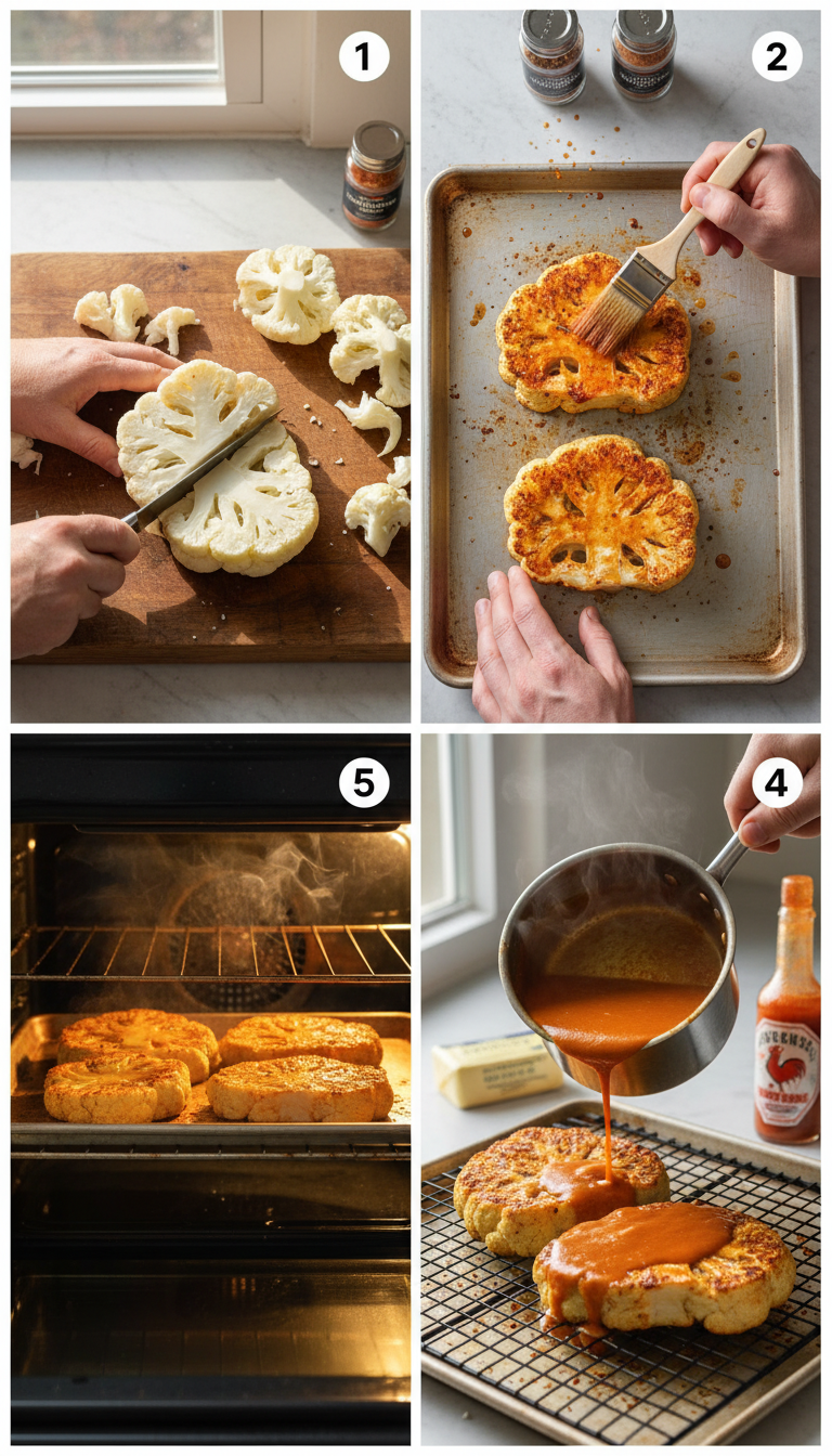 Step-by-step visual guide showing cauliflower being sliced, seasoned, roasted, and glazed with buffalo sauce