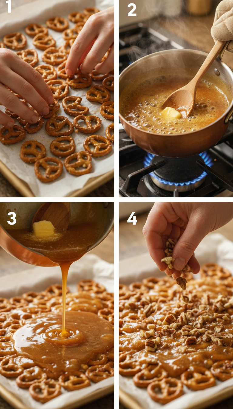 Step-by-step visual guide showing the process of making butter toffee pretzels from arranging pretzels on baking sheet to the final golden coating