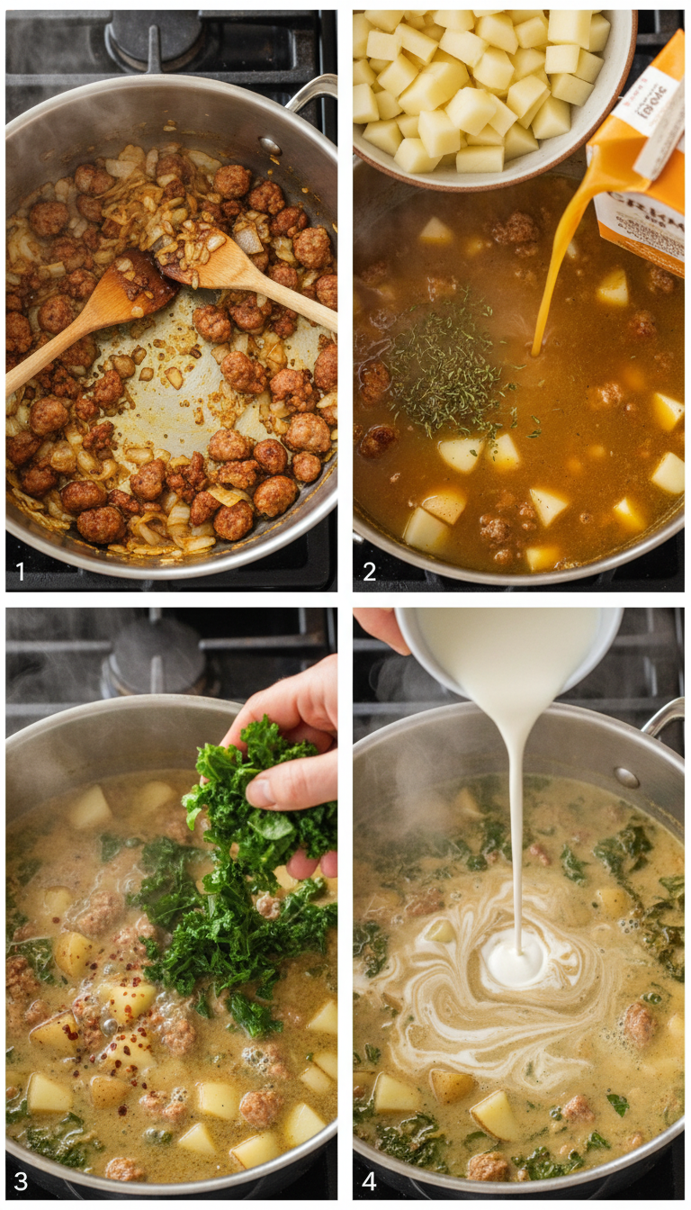 Step-by-step visual guide for preparing Creamy Sausage & Kale Soup
